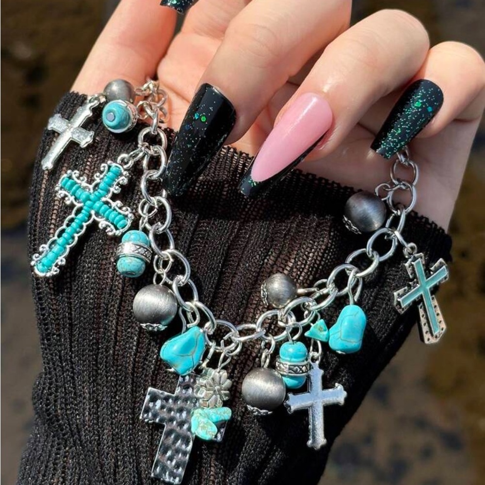 1pc Western Cowgirl Style Turquoise Crown Heart Butterfly Cross Navajo Pearl